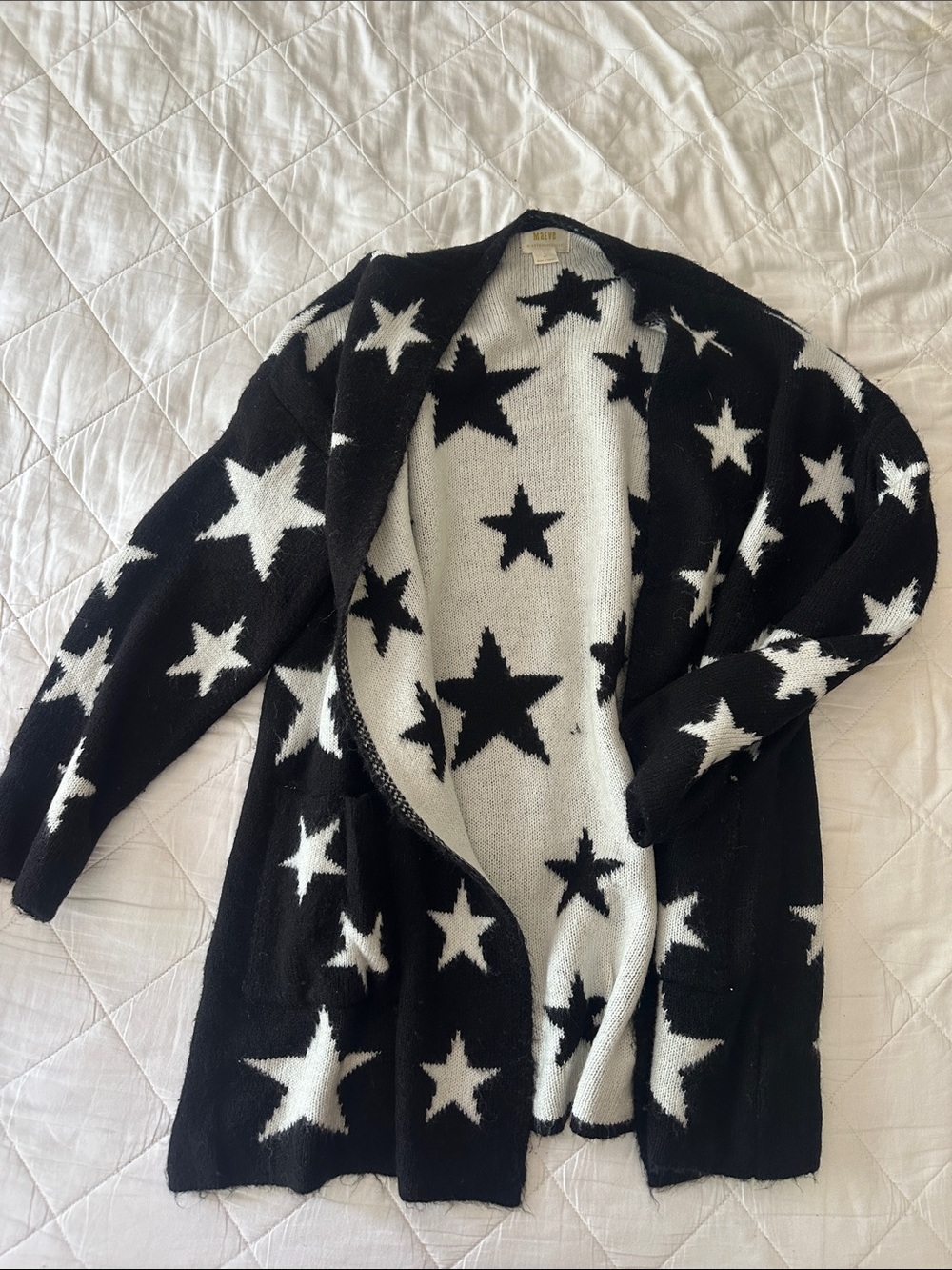 Maeve Black and White Star Open-Front Duster Cardigan